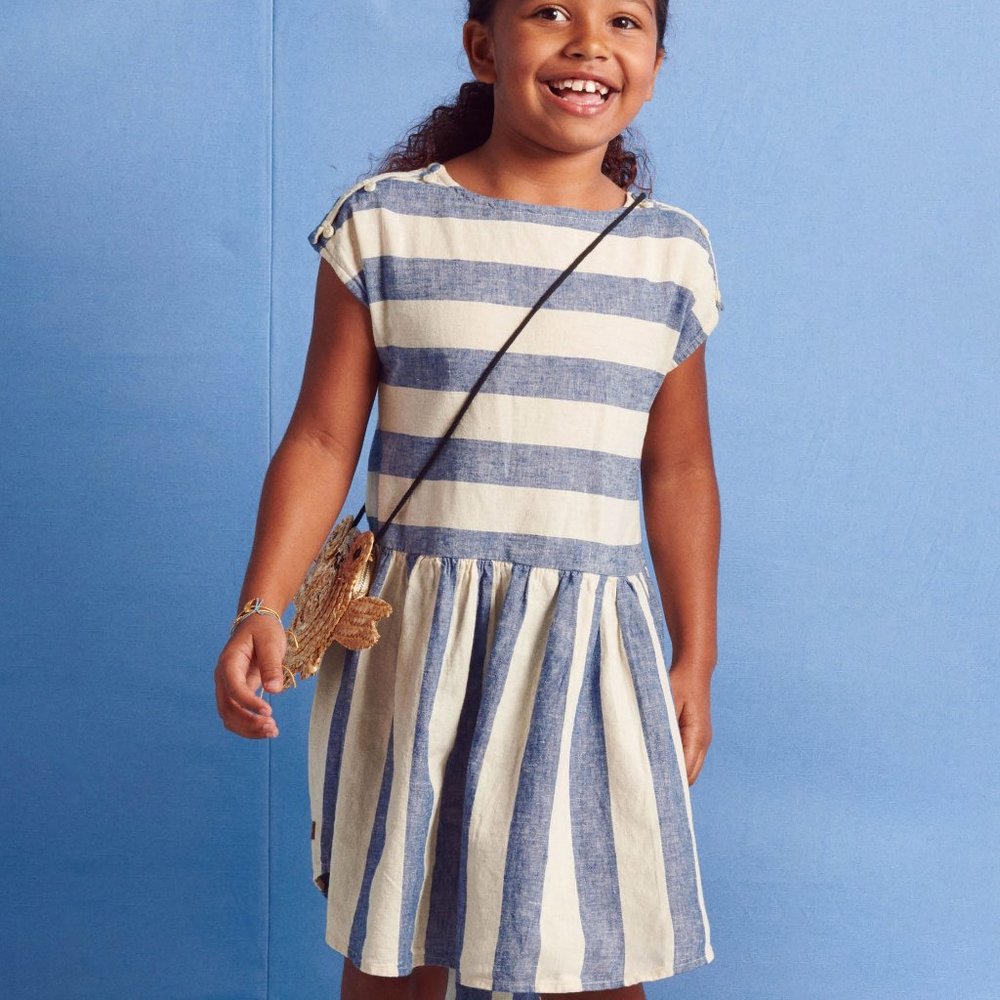 Tea Button Shoulder Dress Astral Blue Stripes NWT